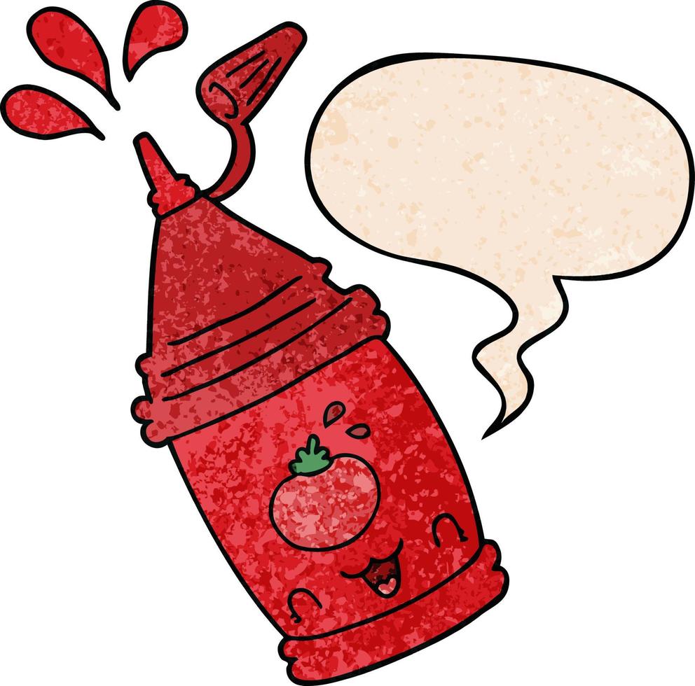 botella de ketchup de dibujos animados y burbuja de habla en estilo de textura retro vector