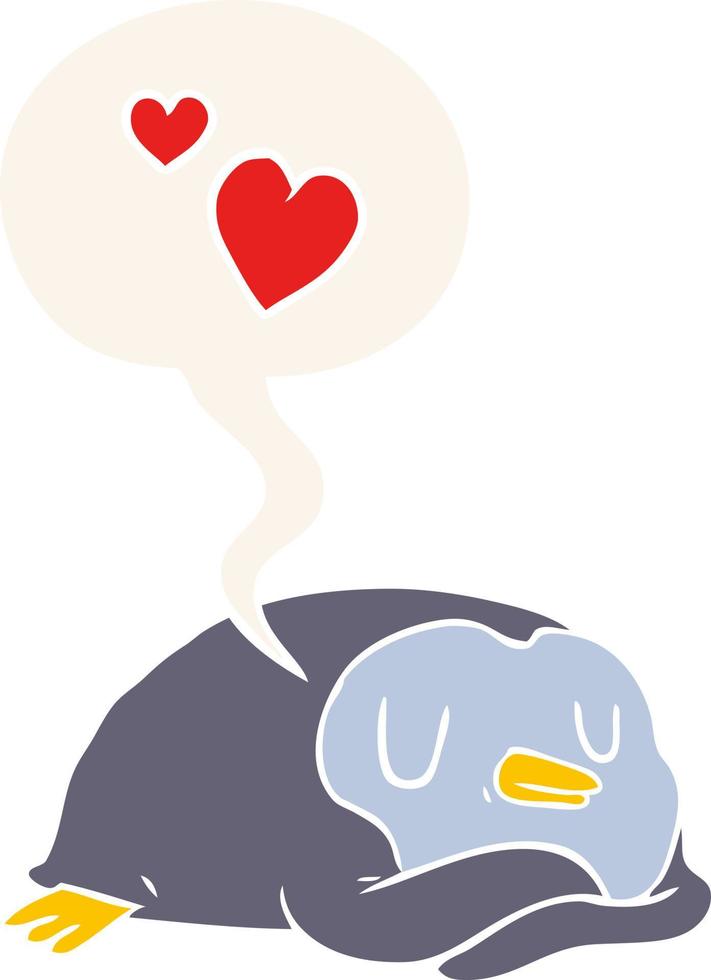 cartoon penguin and love hearts and speech bubble in retro style vector