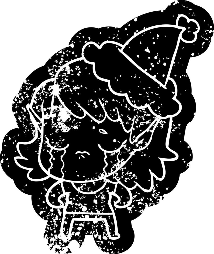 cartoon distressed icon of a crying elf girl wearing santa hat vector