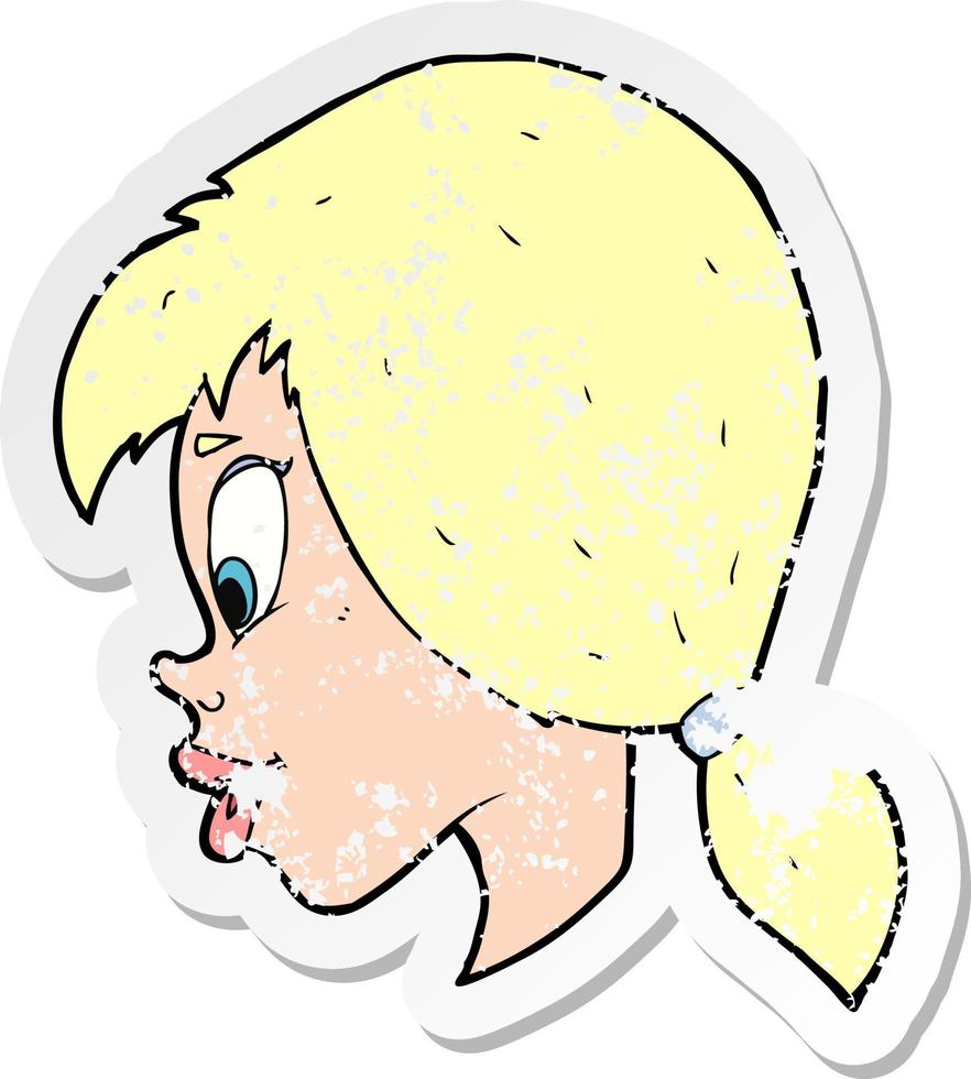 retro distressed sticker of a cartoon pretty female face vector