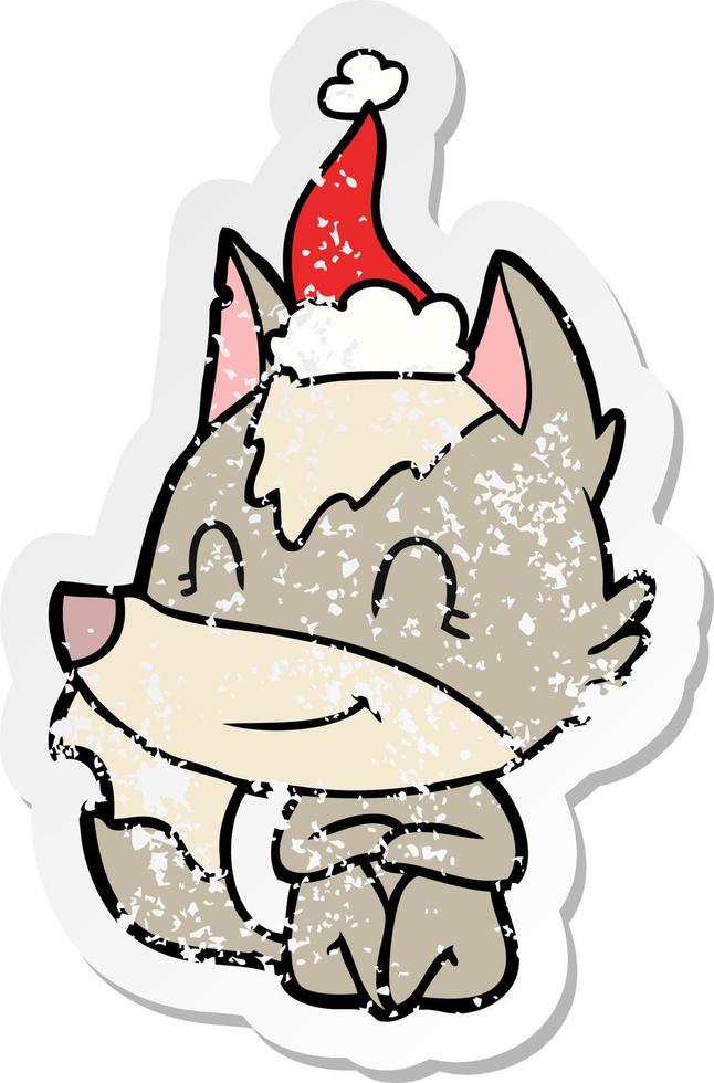 friendly distressed sticker cartoon of a wolf wearing santa hat vector