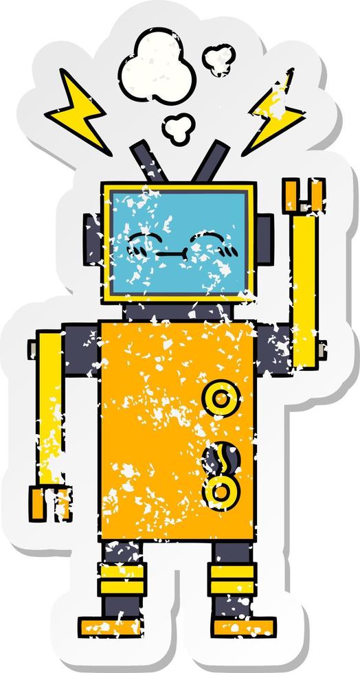 distressed sticker of a cute cartoon malfunctioning robot vector