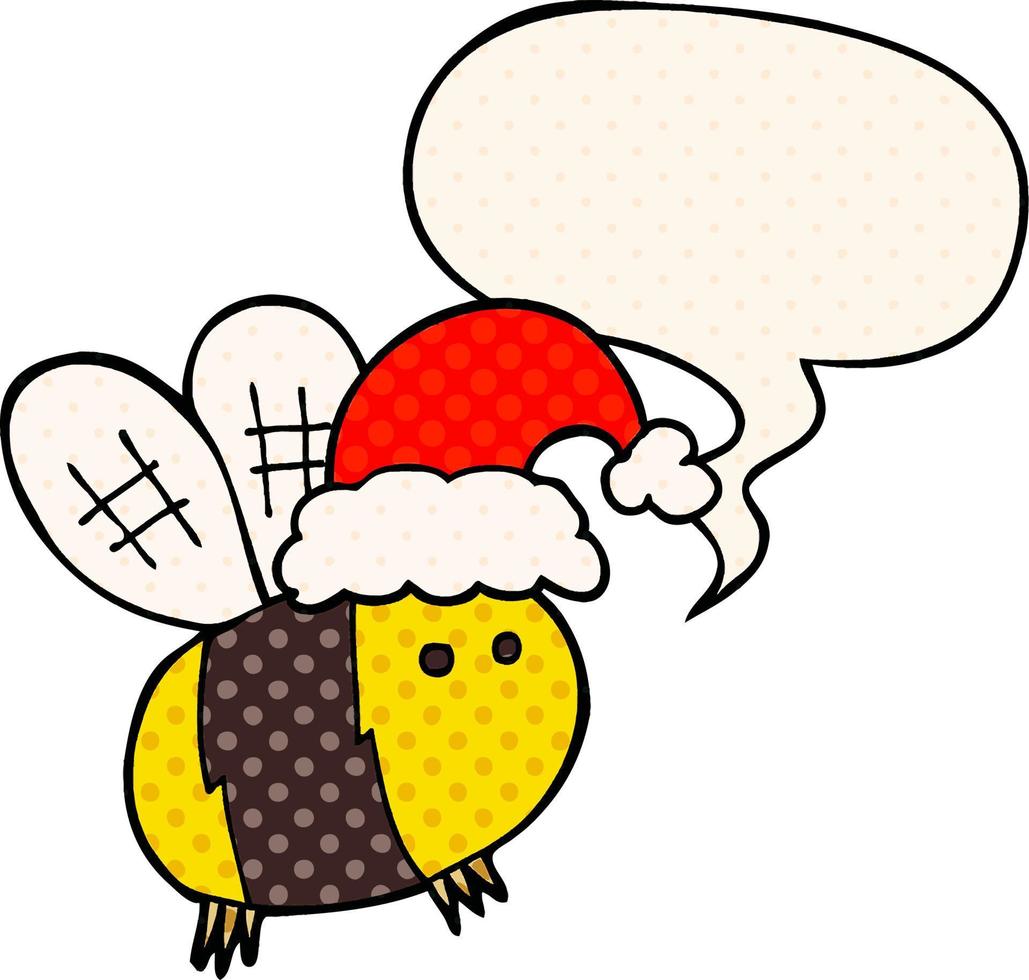 linda abeja de dibujos animados con sombrero de navidad y burbuja de habla al estilo de un libro de historietas vector