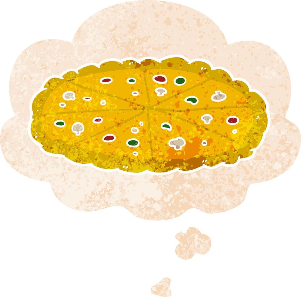cartoon pizza and thought bubble in retro textured style vector
