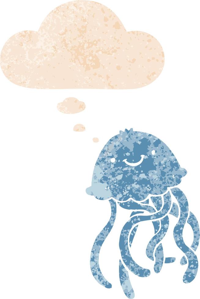 cartoon happy jellyfish and thought bubble in retro textured style vector