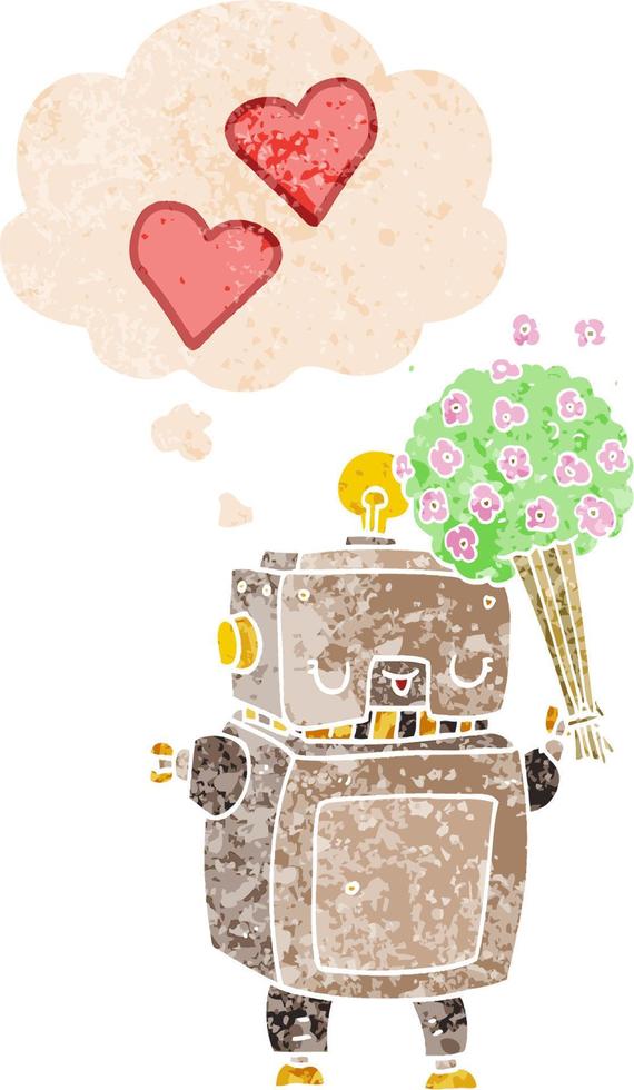 cartoon robot in love and thought bubble in retro textured style vector