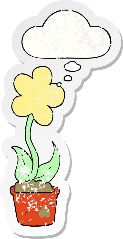 cute cartoon flower and thought bubble as a distressed worn sticker vector