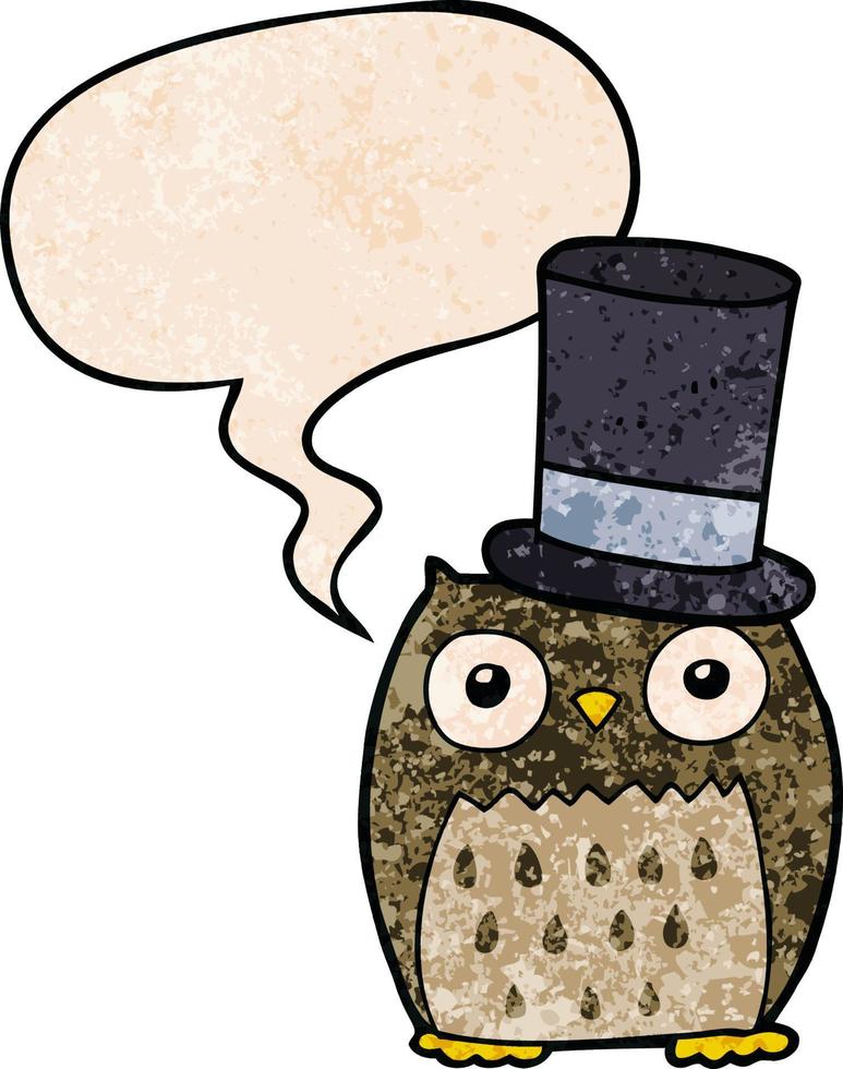 cartoon owl wearing top hat and speech bubble in retro texture style vector