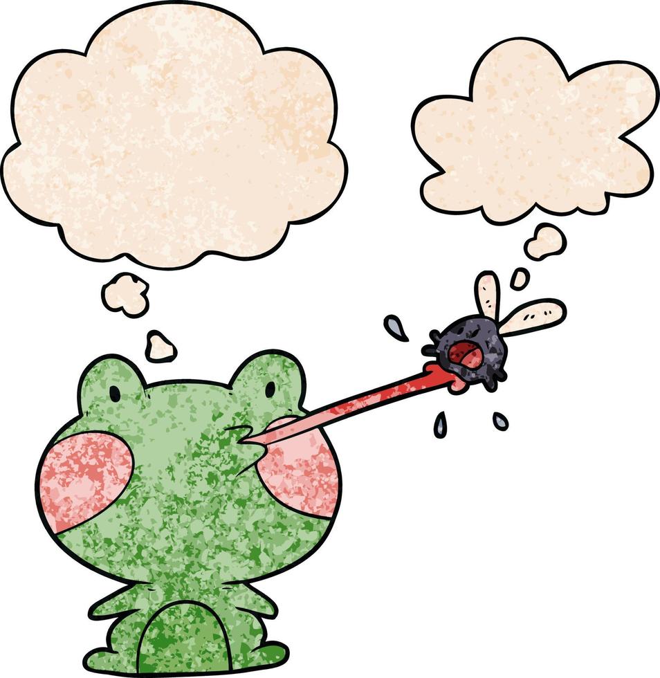 cartoon frog catching fly and thought bubble in grunge texture pattern style vector