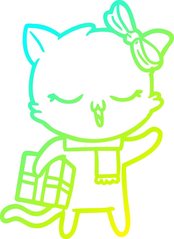 cold gradient line drawing cartoon girl cat with christmas present vector