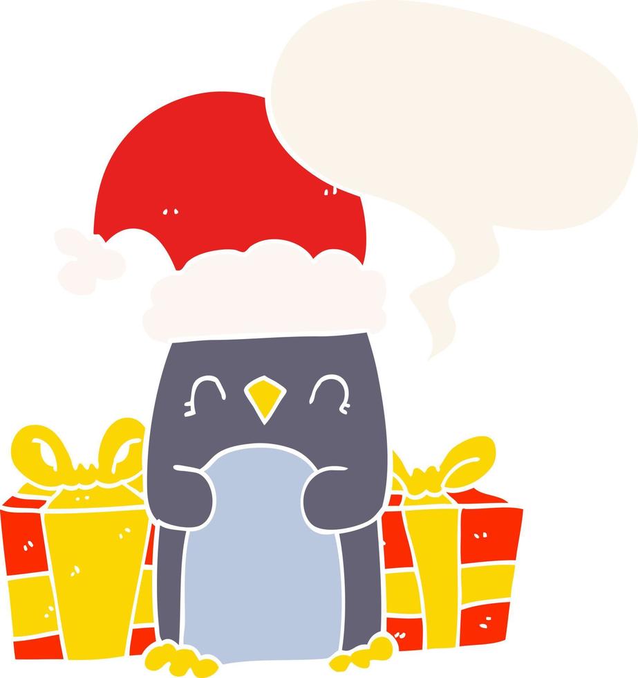 lindo pingüino navideño y bocadillo de diálogo en estilo retro vector