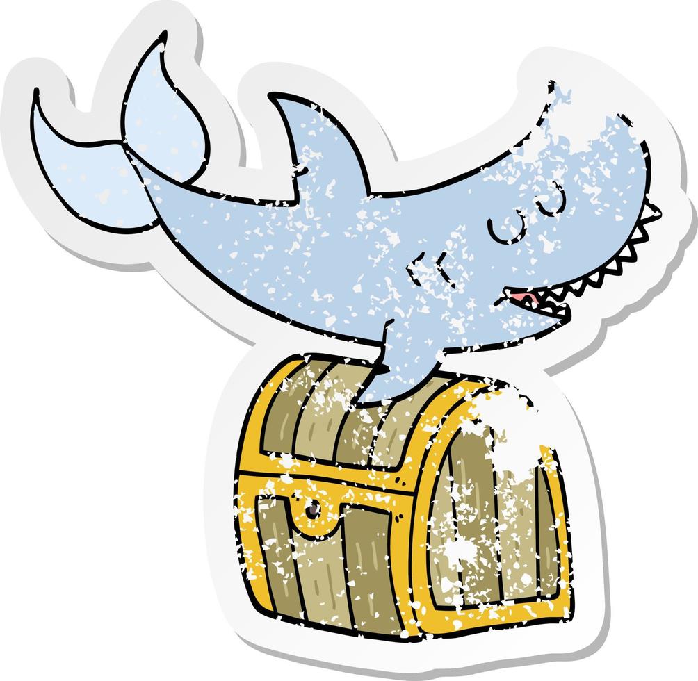 distressed sticker of a cartoon shark swimming over treasure chest vector
