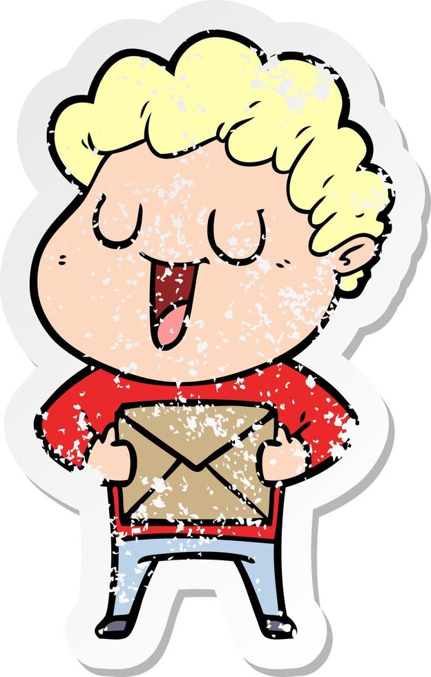 distressed sticker of a laughing cartoon man with parcel vector
