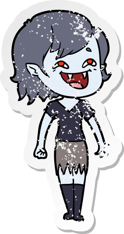 distressed sticker of a cartoon laughing vampire girl vector