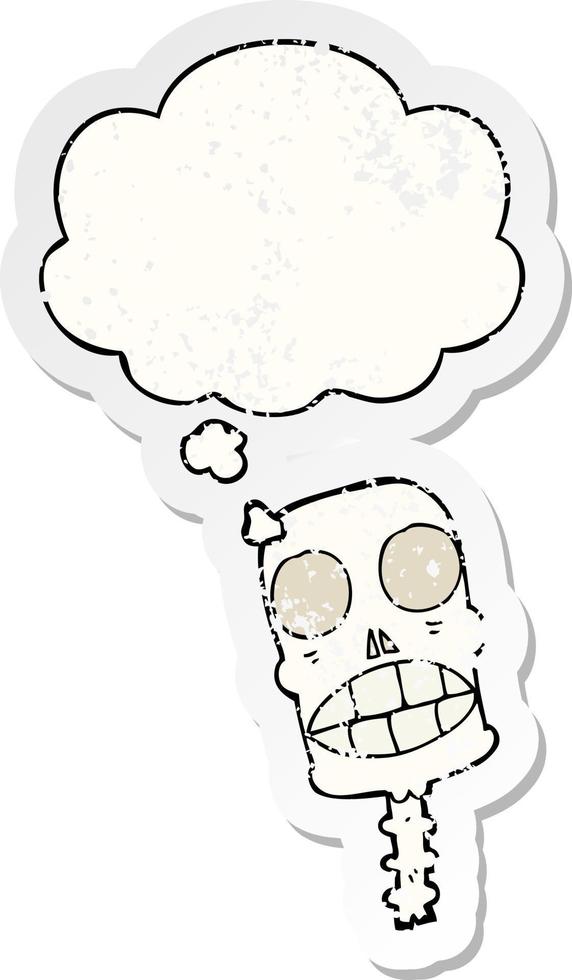 cartoon spooky skull and thought bubble as a distressed worn sticker vector