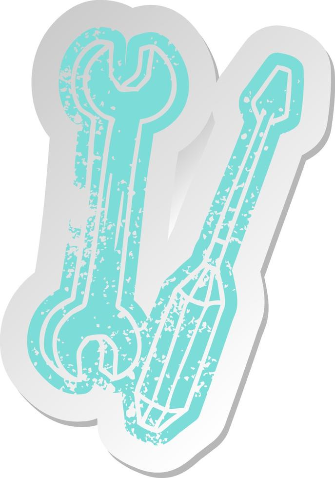 distressed old sticker of a spanner and a screwdriver vector