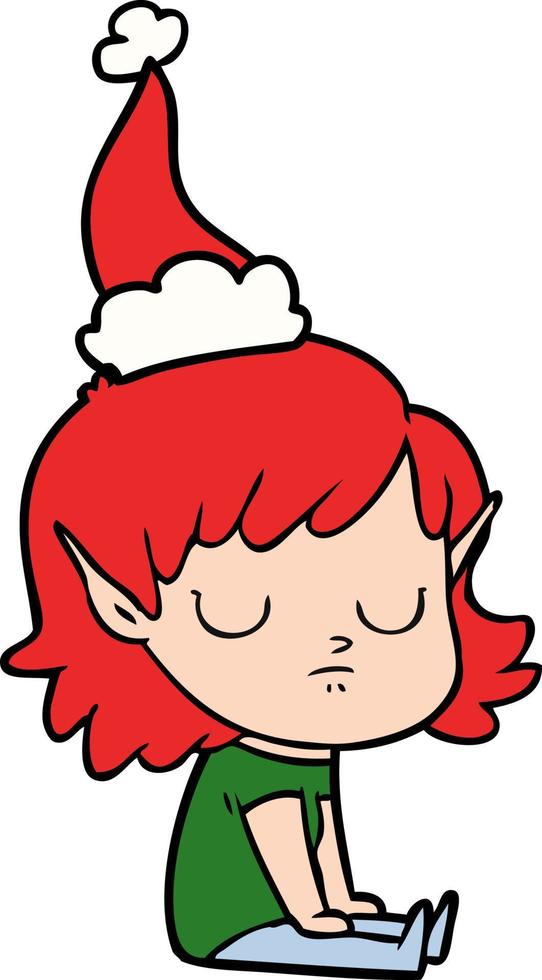 line drawing of a elf girl wearing santa hat vector