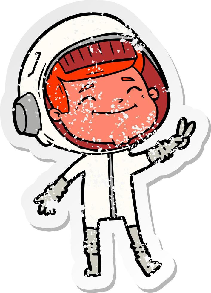 distressed sticker of a happy cartoon astronaut vector