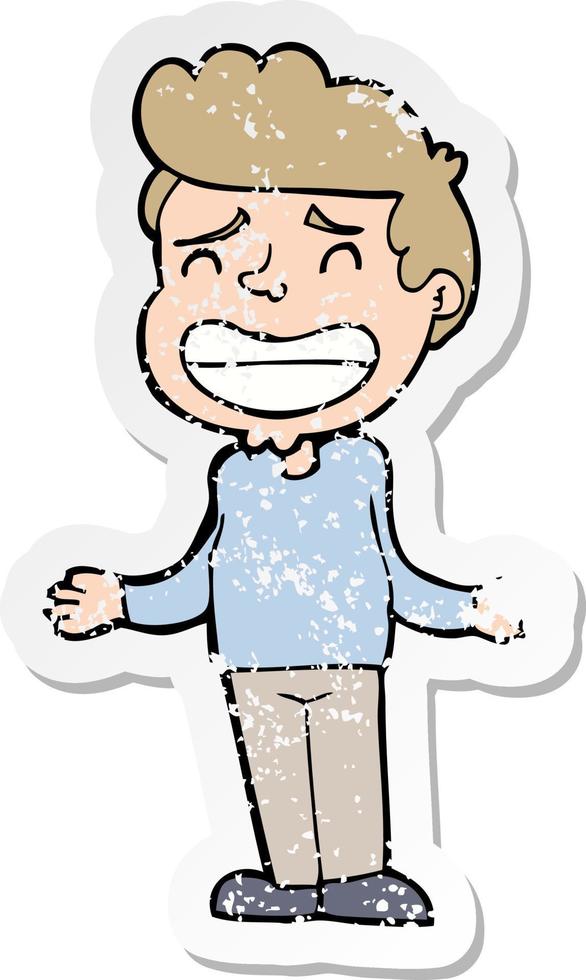 distressed sticker of a cartoon boy shrugging vector