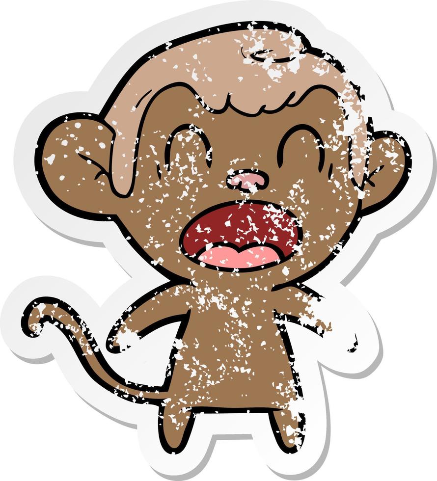 distressed sticker of a shouting cartoon monkey vector