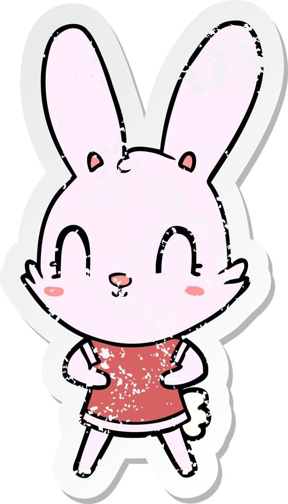distressed sticker of a cute cartoon rabbit in dress vector