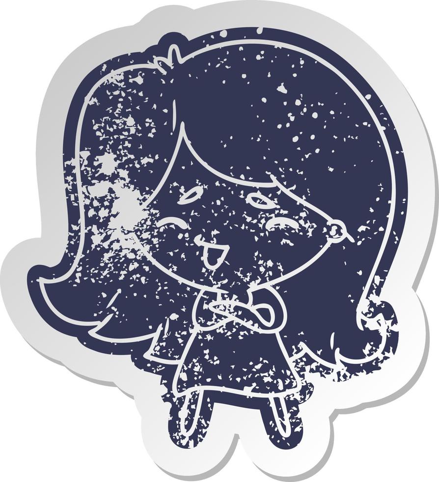 distressed old sticker of a cute kawaii girl vector