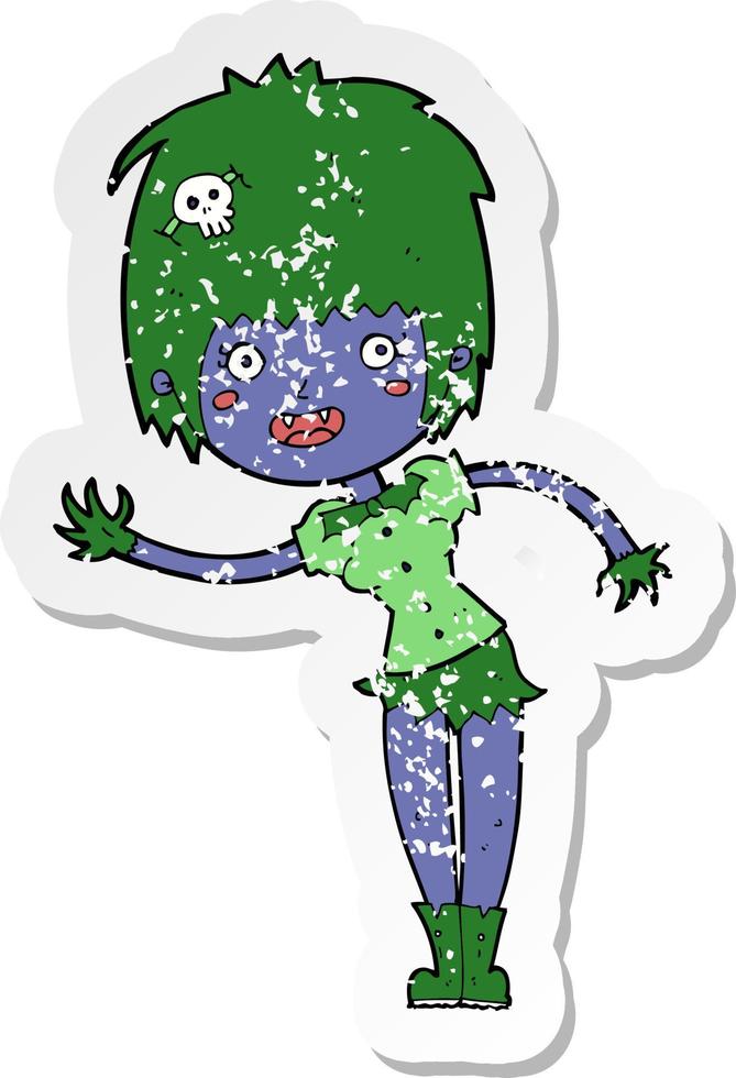 retro distressed sticker of a cartoon vampire girl vector