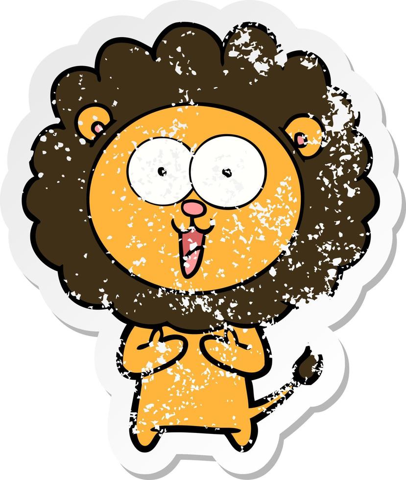 distressed sticker of a happy cartoon lion vector