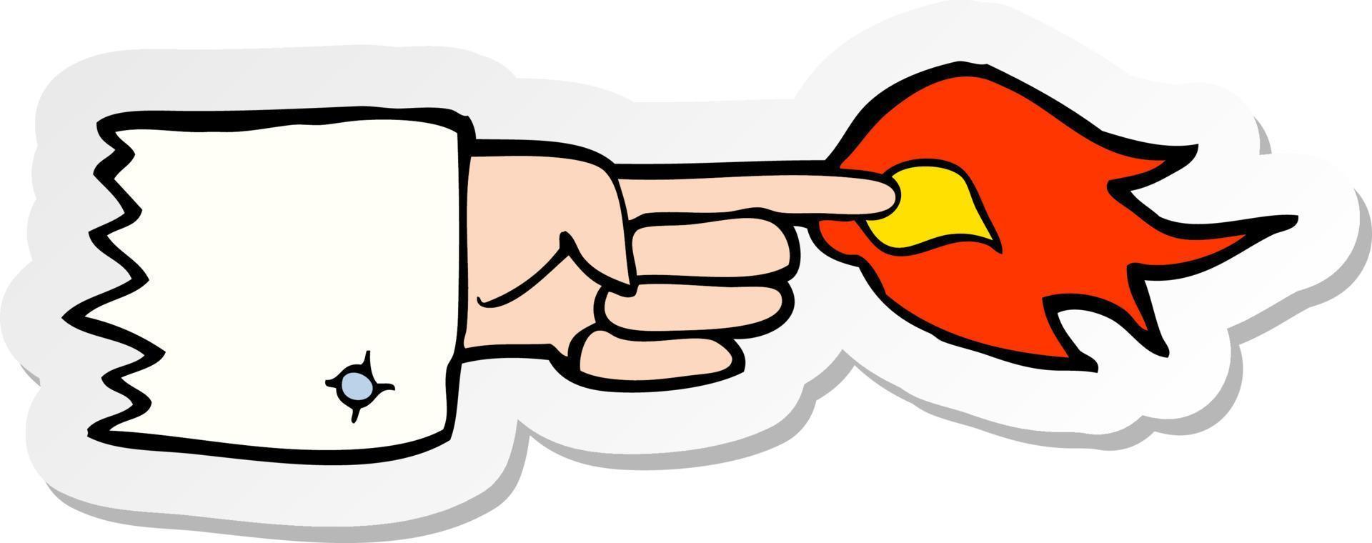 sticker of a cartoon flaming pointing finger symbol vector