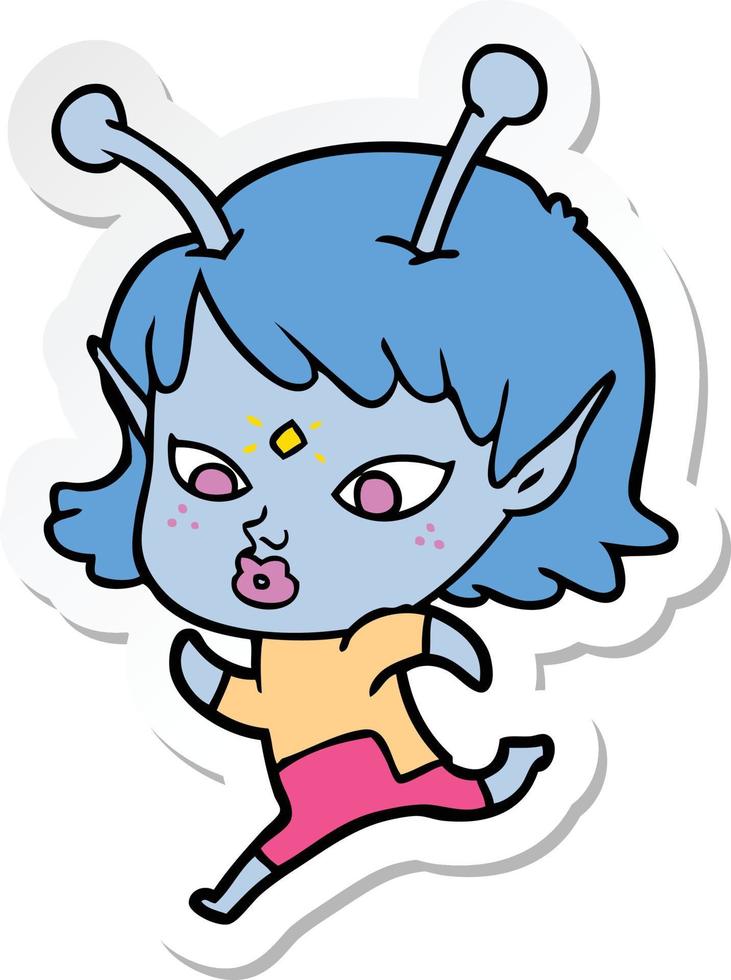 sticker of a pretty cartoon alien girl running vector
