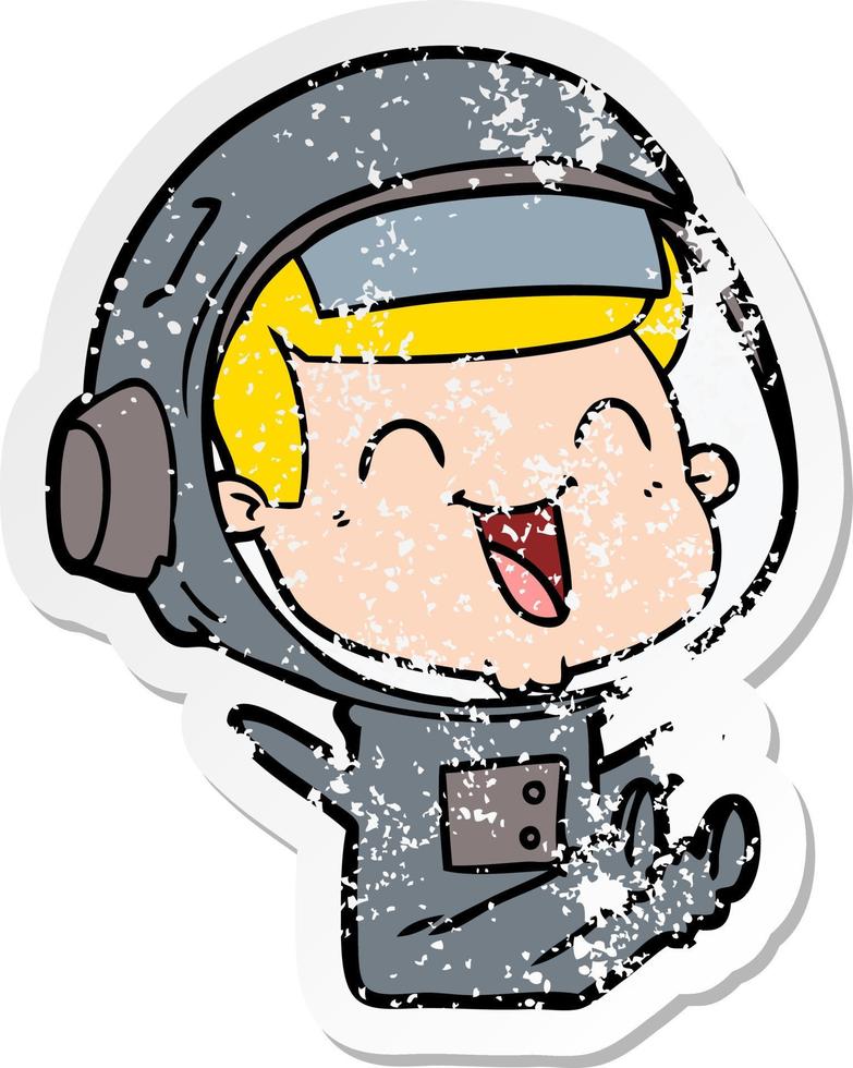 distressed sticker of a happy cartoon astronaut vector