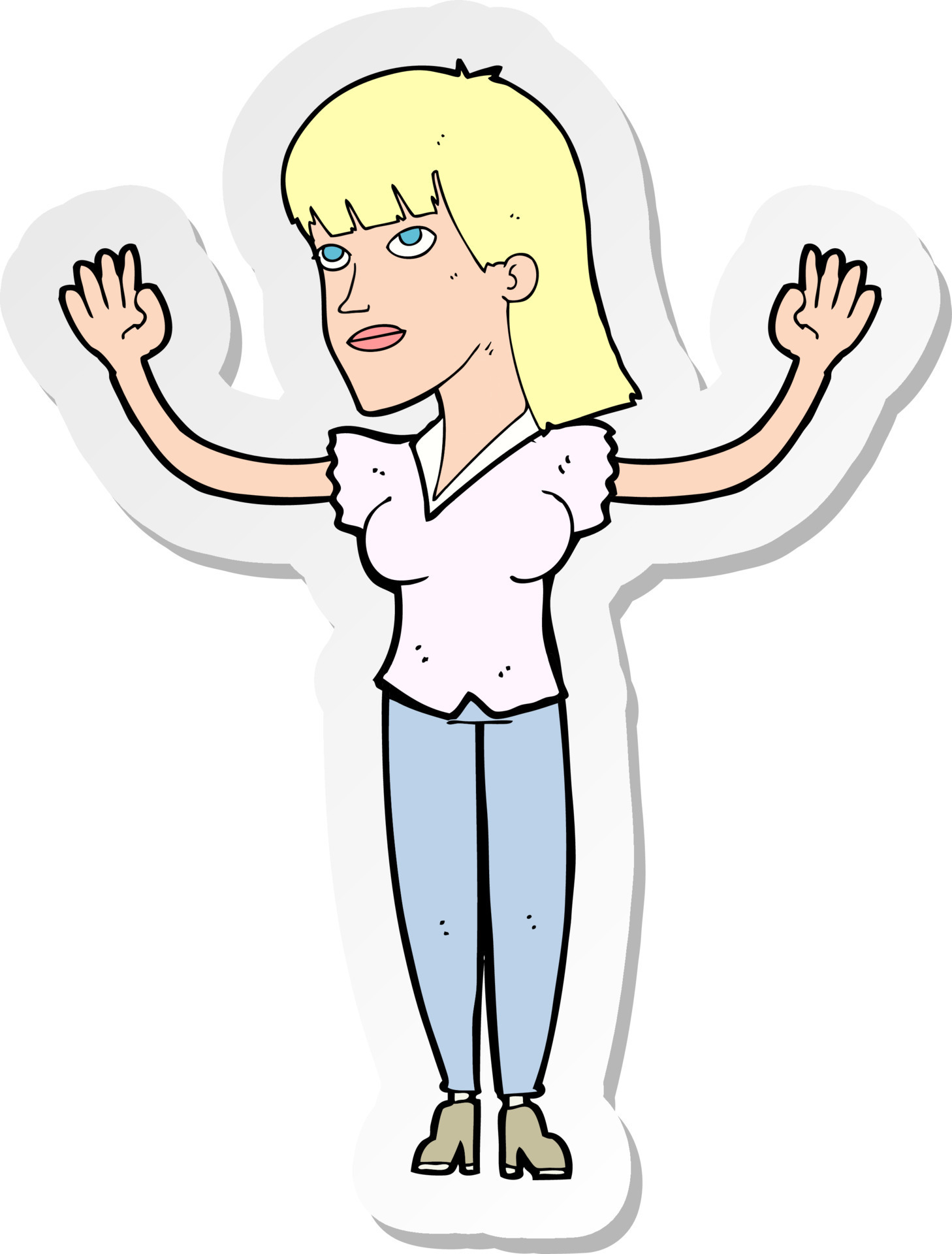 pegatina de una mujer de dibujos animados lanzando las manos al aire