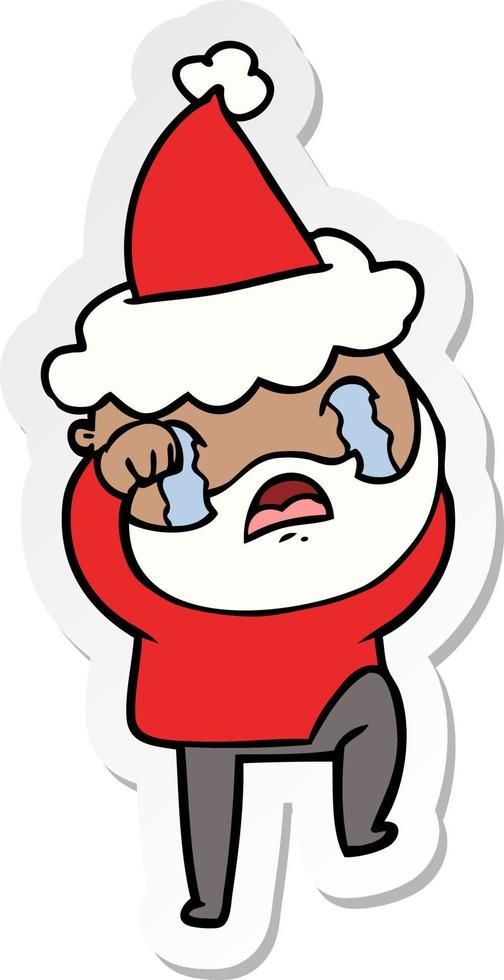 sticker cartoon of a bearded man crying and stamping foot wearing santa hat vector