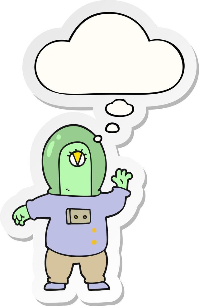 cartoon space alien and thought bubble as a printed sticker vector