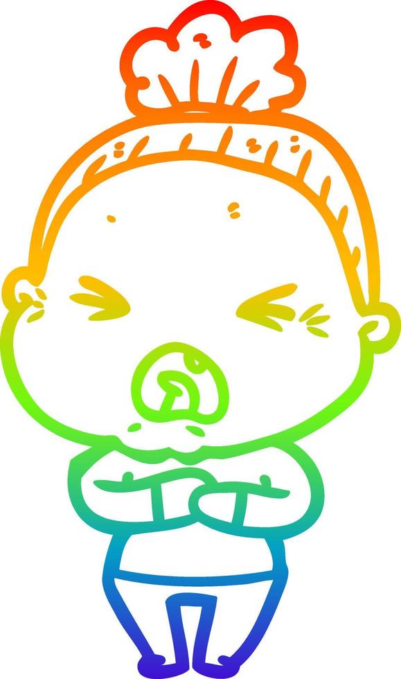 rainbow gradient line drawing cartoon angry old woman vector