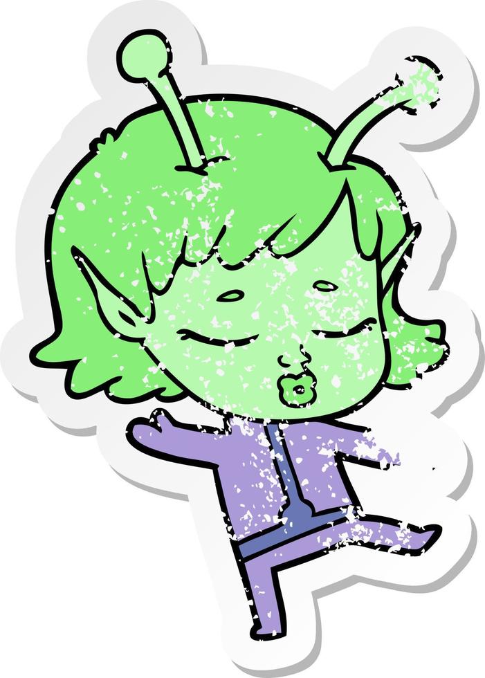 distressed sticker of a cartoon alien girl vector