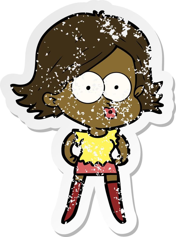 distressed sticker of a cartoon girl pouting vector