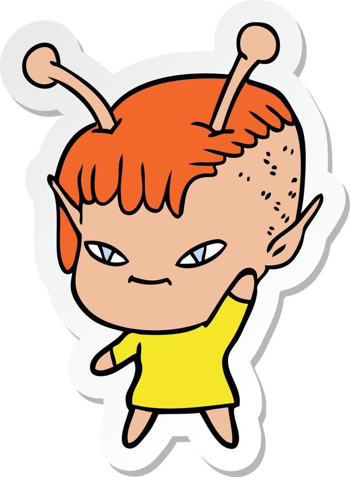 sticker of a cute cartoon alien girl vector