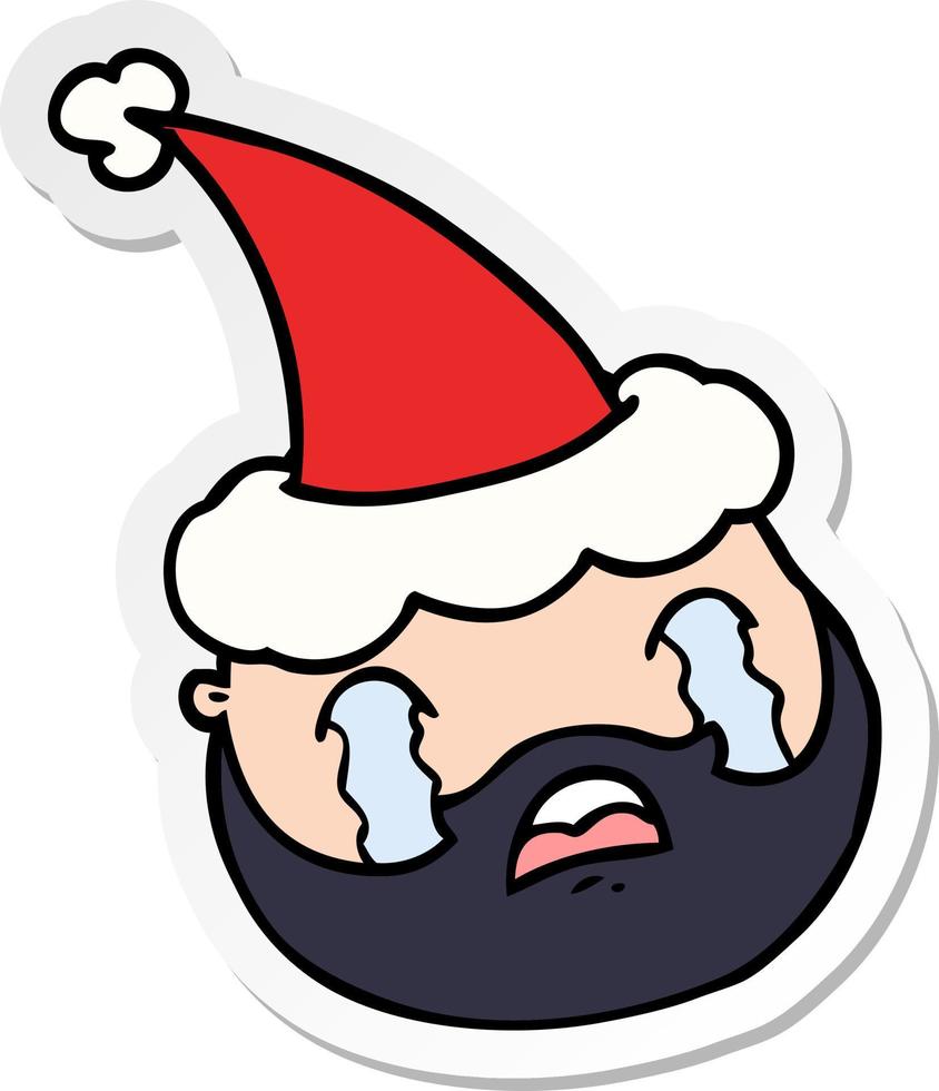 sticker cartoon of a male face with beard wearing santa hat vector