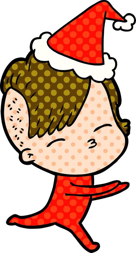 comic book style illustration of a girl in onesie wearing santa hat vector