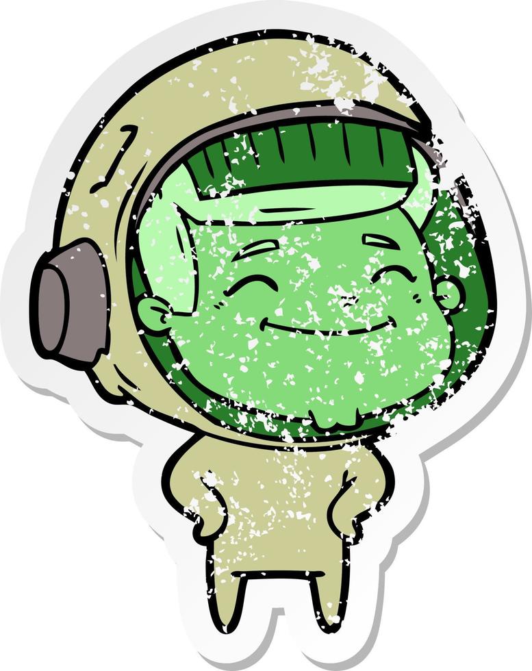 distressed sticker of a happy cartoon astronaut vector