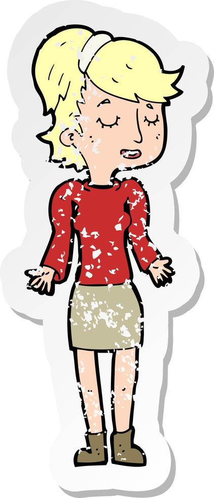 retro distressed sticker of a cartoon woman shrugging shoulders vector