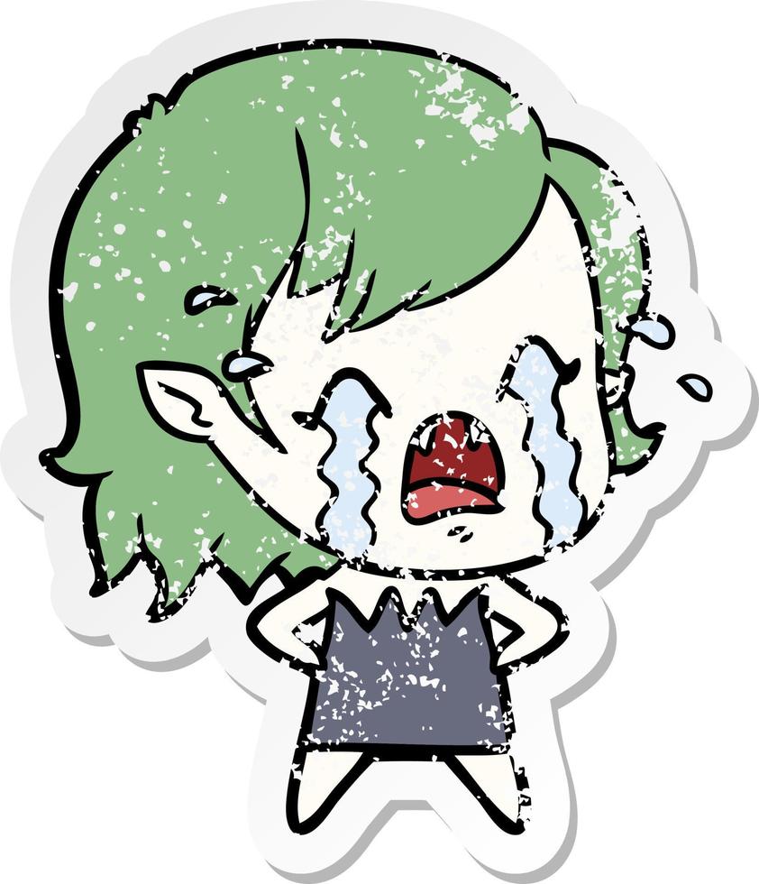 distressed sticker of a cartoon crying vampire girl vector
