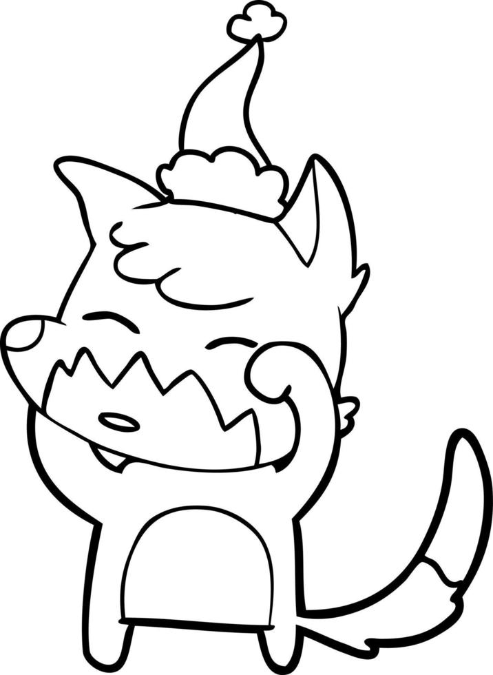 line drawing of a fox wearing santa hat vector