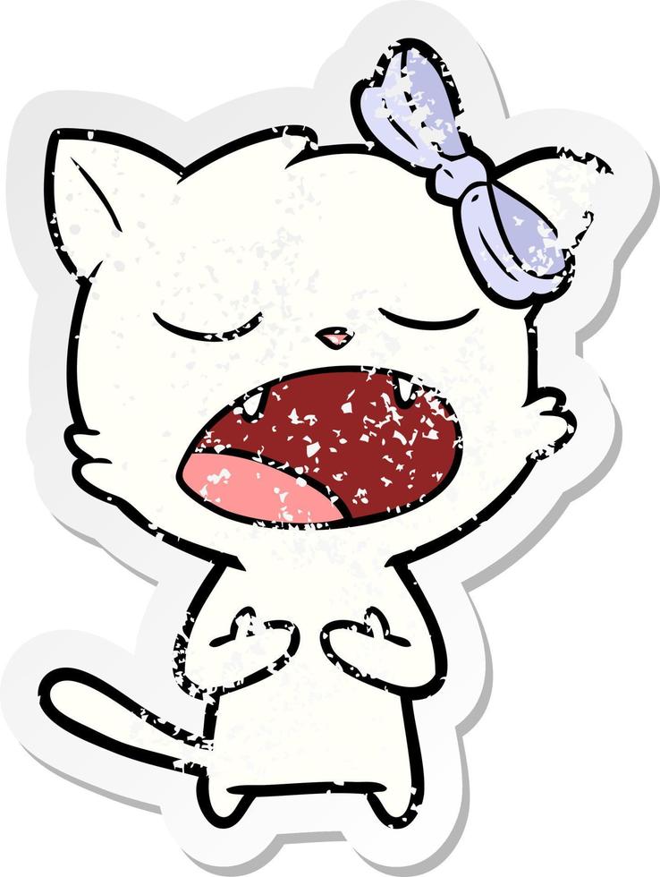 distressed sticker of a cartoon cat meowing vector