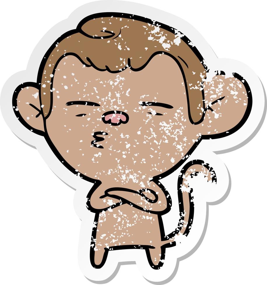 distressed sticker of a cartoon suspicious monkey vector