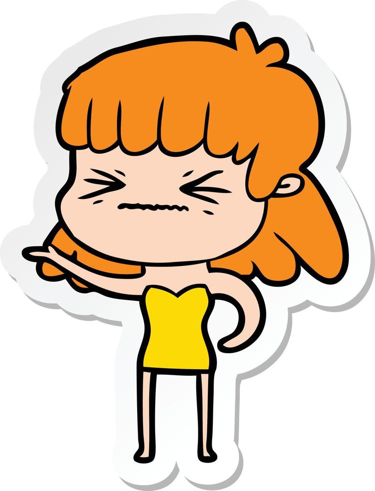 sticker of a cartoon angry girl vector