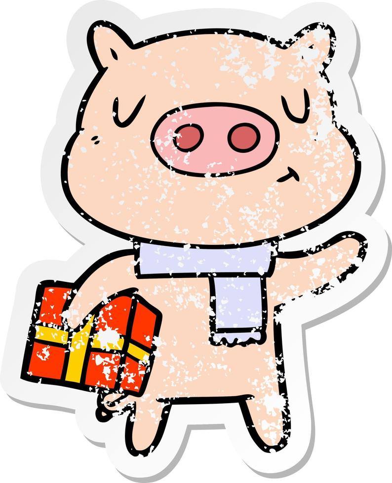 distressed sticker of a cartoon christmas pig vector