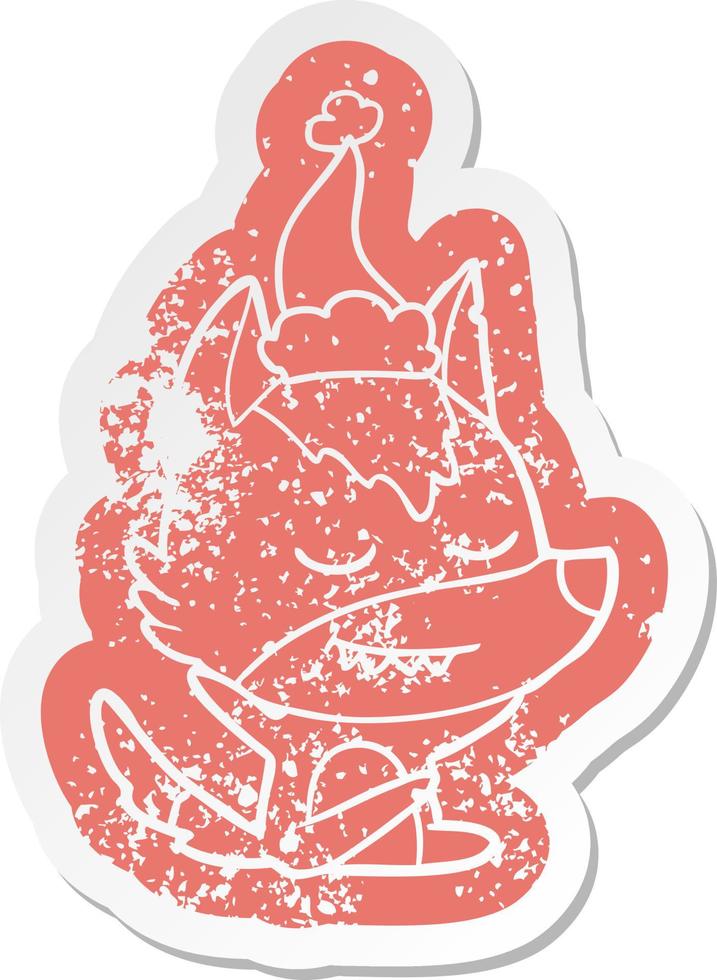 friendly cartoon distressed sticker of a wolf sitting wearing santa hat vector