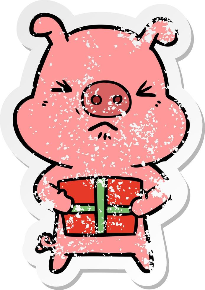 distressed sticker of a cartoon angry pig with christmas present vector